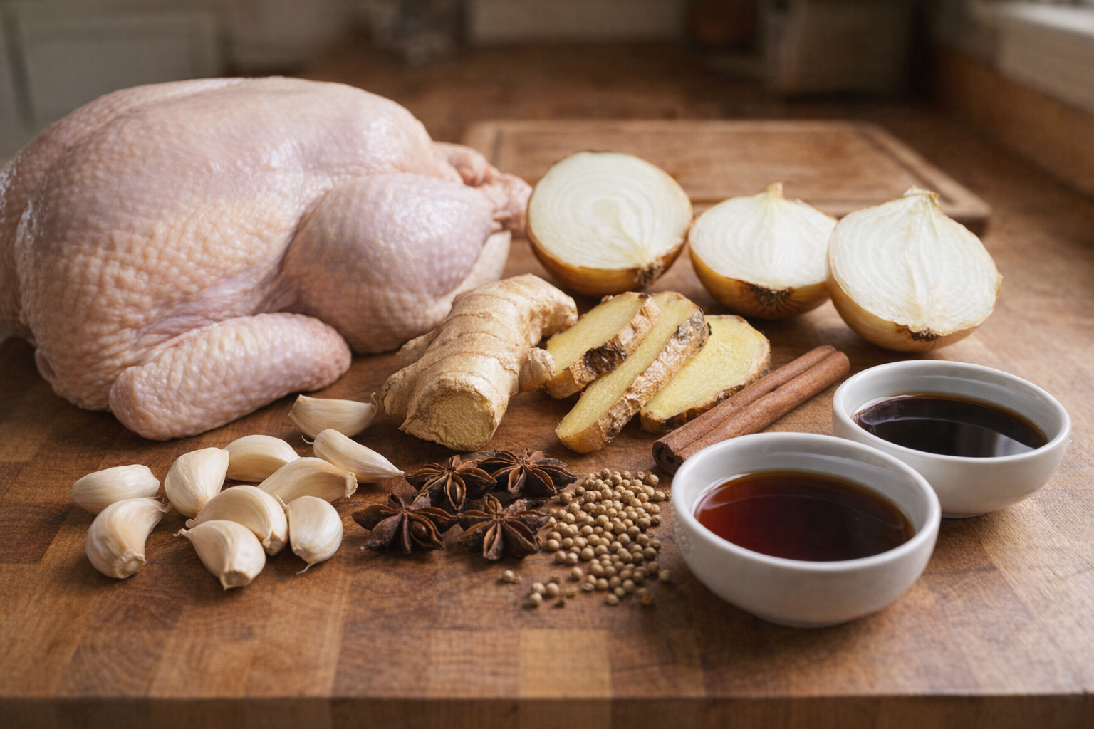A close-up shot of raw ingredients for Pho Ga: whole chicken, halved onions and ginger, garlic cloves, star anise, cinnamon stick, coriander seeds, fish sauce, and soy sauce, arranged on a wooden cutting board.